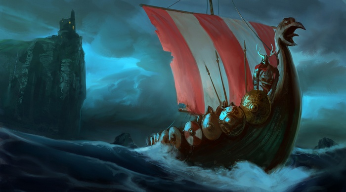 Viking longship sailing through a stormy sea towards a cliffside castle