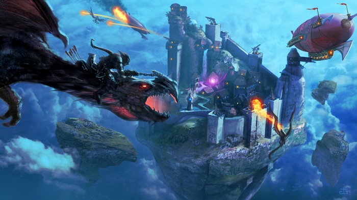 Dragon riders attacking a floating castle with airships