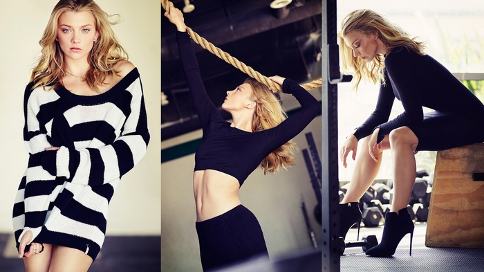 Natalie Dormer in striped sweater and black athletic wear