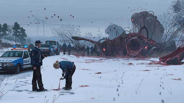 futuristic, digital art, police, police cars, snow, science fiction, Simon Stålenhag