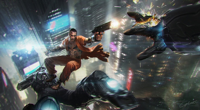 Man in orange jumpsuit fighting robots in futuristic city
