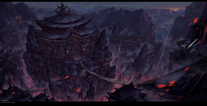 Fantasy landscape with a warrior and a temple
