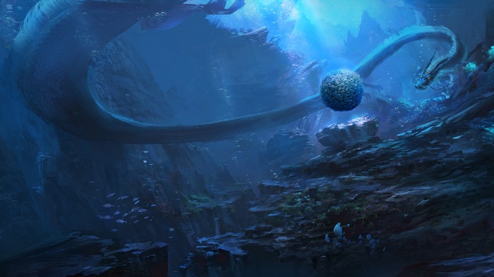 Fantasy underwater scene with a dragon and a glowing orb