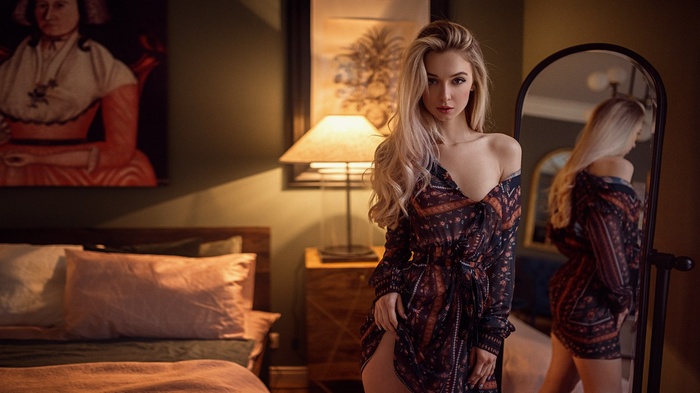 reflection, long hair, mirror, Anna Tsaralunga, blonde, Georgy Chernyadyev, women