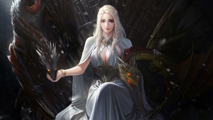 A Song of Ice and Fire, fantasy girl, dragon, Iron Throne, cleavage ...