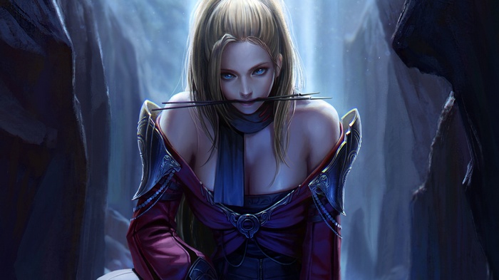Fantasy girl with arrows in her mouth