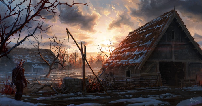 Geralt of Rivia from The Witcher 3: Wild Hunt in a snowy village