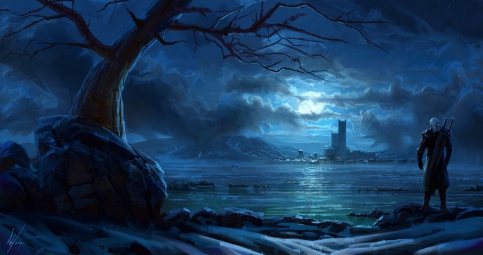 Geralt of Rivia from The Witcher 3: Wild Hunt by a lake at night