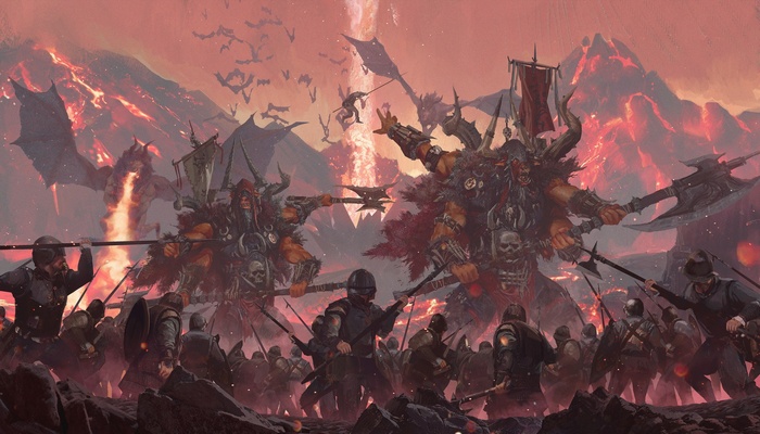 Fantasy battle with giant warriors and dragons