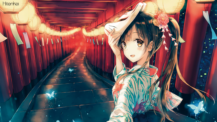 Anime girl in yukata holding a fox mask