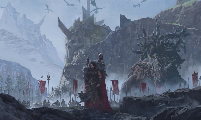 Fantasy warrior with army and dragons in mountains