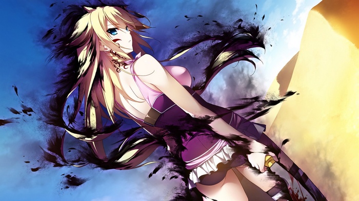 purple dresses, looking back, anime girls, long hair, machete, tattoo, looking at viewer, miniskirt, desert, dress, stockings, blonde, Game CG, skirt, blood, anime, sand, sky, blue eyes