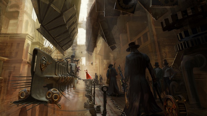 Steampunk airships and people on a walkway
