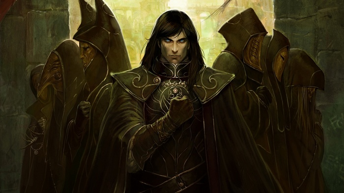 Warrior from The Elder Scrolls with hooded figures