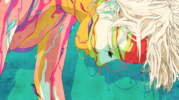 Colorful digital art with abstract dripping paint and slugs