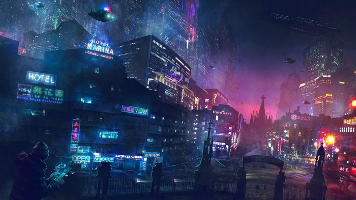 Cyberpunk city with neon signs and flying vehicles