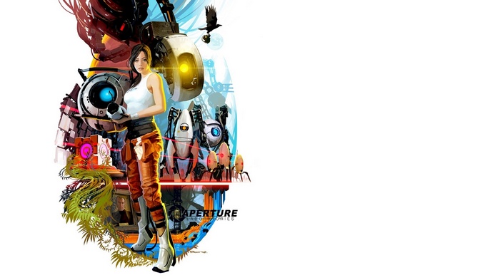 Chell from Portal 2 with turrets and portal gun