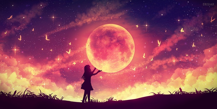 Moon, anime girls, anime