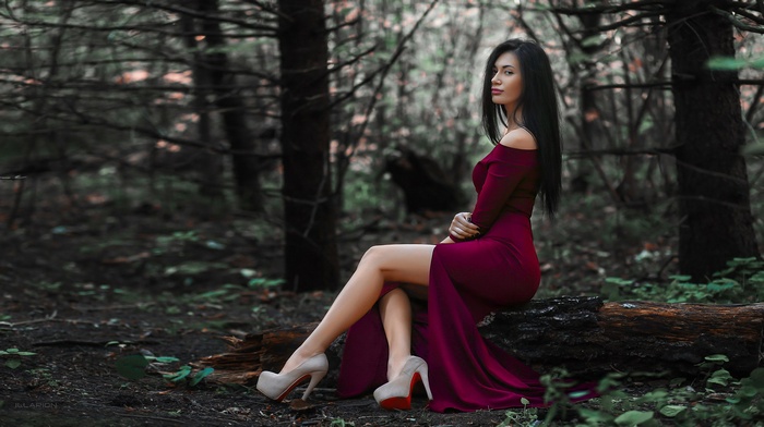 Woman in a burgundy dress sitting on a log in a forest