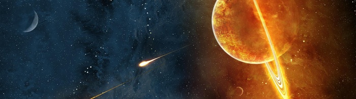 A ringed planet and a crescent moon in space
