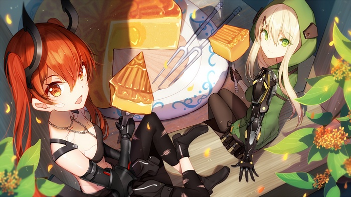 Two anime girls with mooncakes and forks