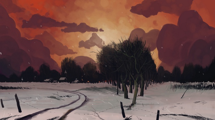 Winter sunset landscape with snow and trees by Théo Droulez