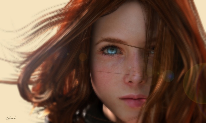 Close-up of a young redhead girl with blue eyes in the wind