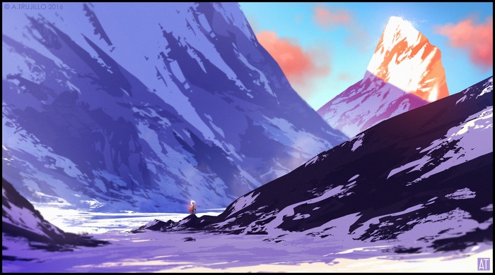 Digital art of a snowy mountain valley at sunset by Tony Trujillo