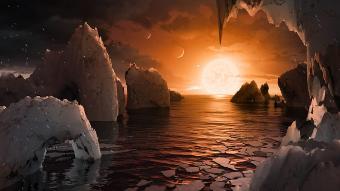 Artist's concept of exoplanet TRAPPIST-1f with icebergs and a large sun