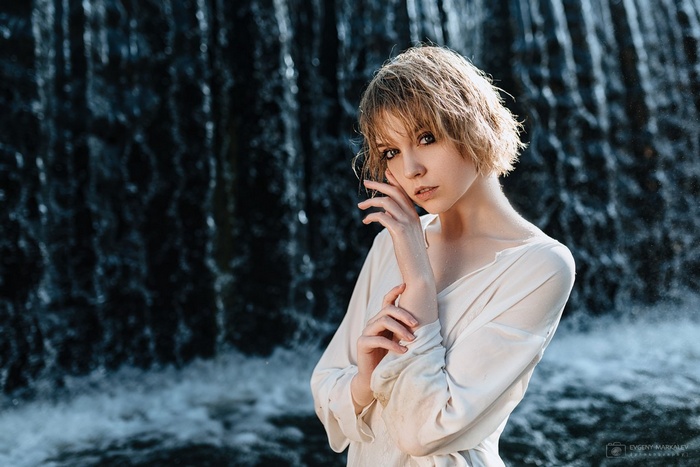 Portrait of Olya Pushkina by a waterfall