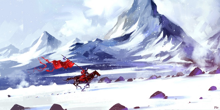 A knight on horseback with a red banner in a snowy mountain landscape