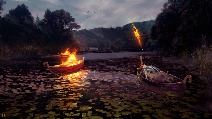 Viking funeral boats burning on a lake
