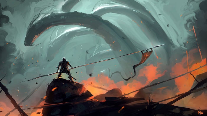 Warrior facing a giant serpent, artwork by Dominik Mayer