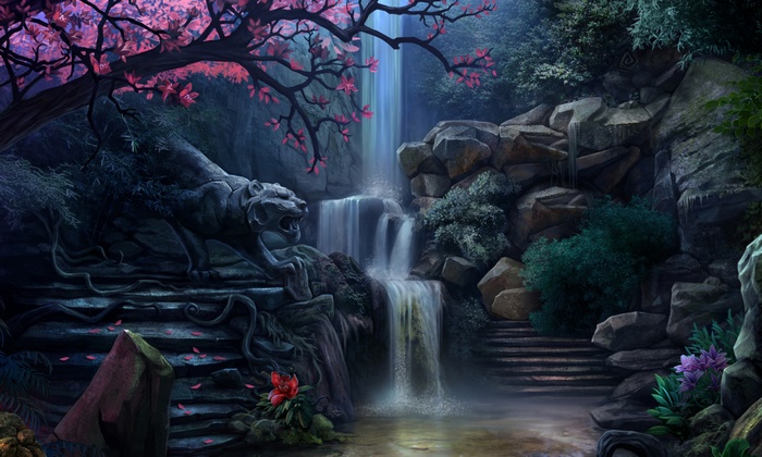 Enchanted garden with a stone tiger statue and waterfall