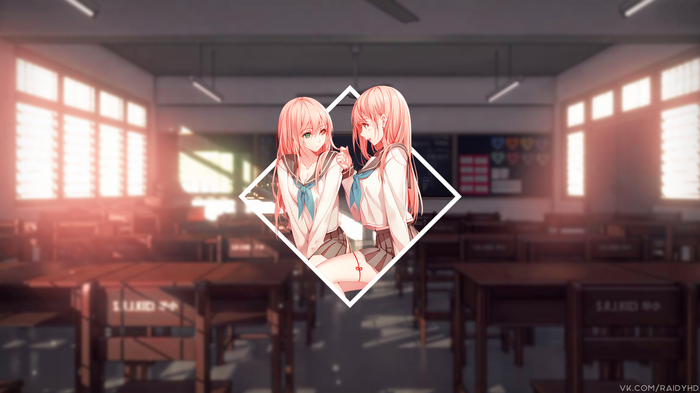 Two anime girls in school uniforms in a classroom