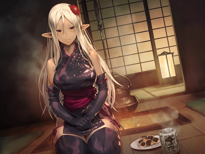 Elf girl in kimono with sake and snacks