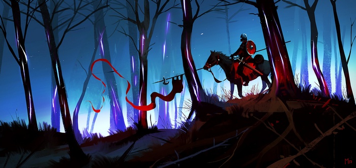 Knight on horseback in a mystical forest