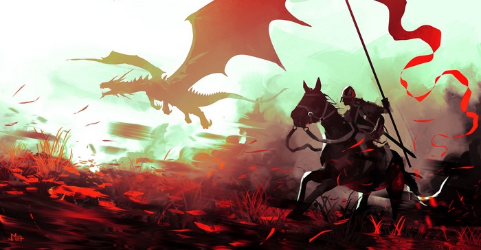Dragon attacking a knight on horseback with a banner