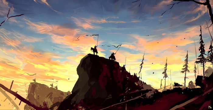 Artwork of knights on a hill at sunset