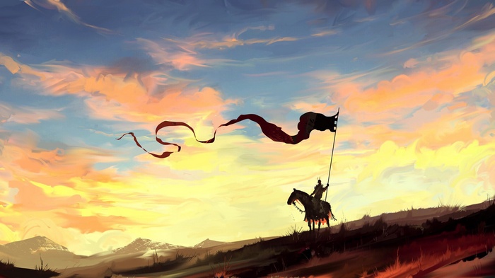 Knight on horseback with banner at sunset
