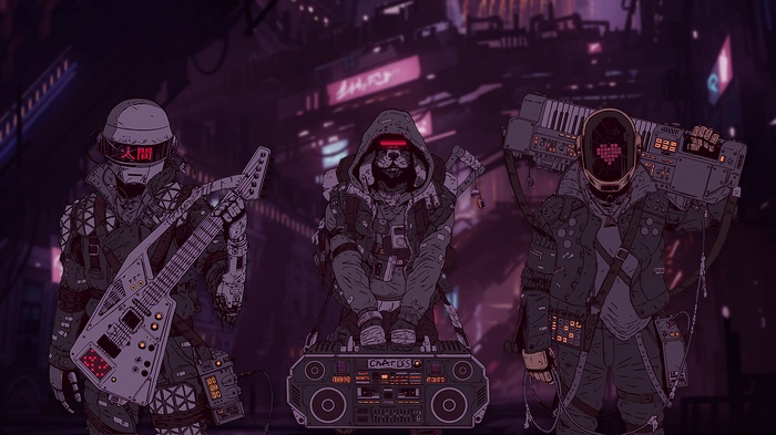 Cyberpunk trio with musical instruments