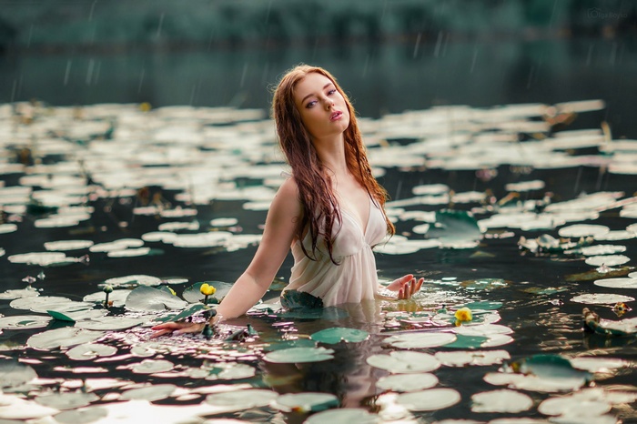 brown eyes, Alexandra Girskaya, redhead, dress, face, women, wet clothing, water, rain, brunette, Olga Boyko, wet hair, pond, women outdoors