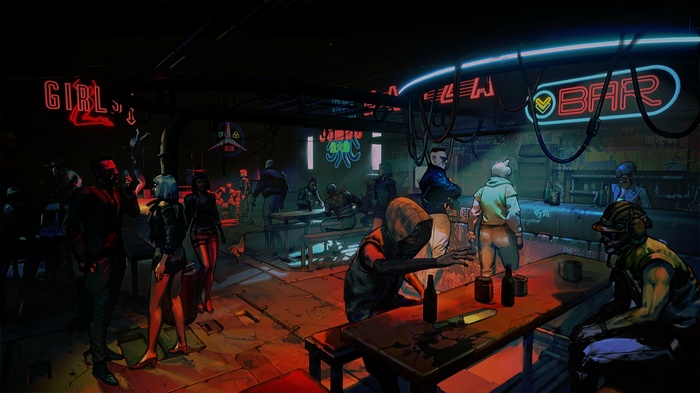 Cyberpunk bar scene with people and neon signs