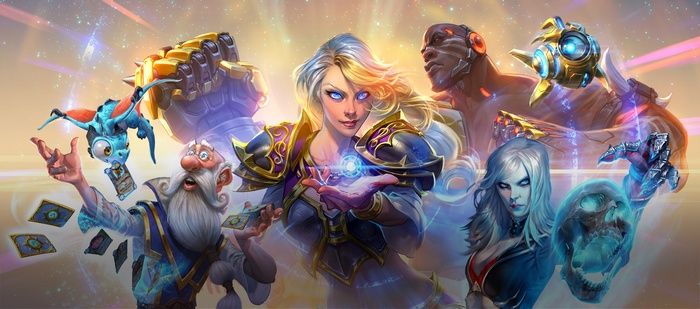Hearthstone characters Jaina, Necromancer, Doomfist, Probius, and Warcraft characters