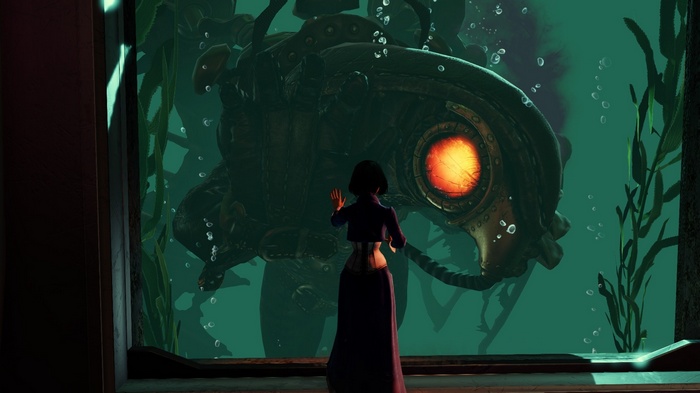 Elizabeth from BioShock facing a Big Daddy underwater