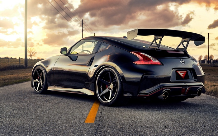 Black Nissan 370Z with a large rear spoiler