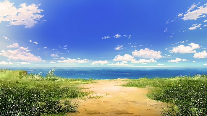 Anime landscape with blue sky and ocean
