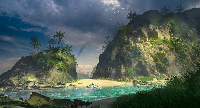 Artwork of a tropical island beach with a jet ski