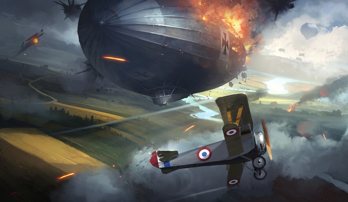 Battlefield 1 fan art: Zeppelin and biplane in aerial combat