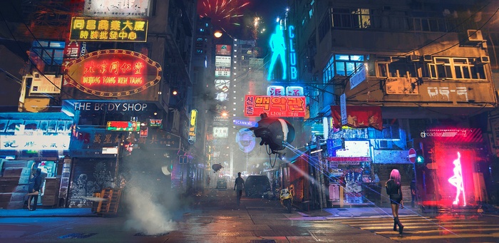 Cyberpunk City Street with Neon Signs and Drones
